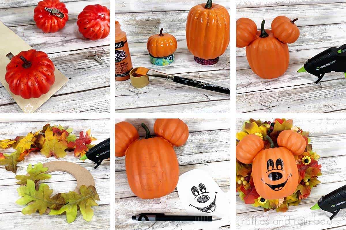 step by step process on how to make a fall mickey mouse wreath with pumpkins