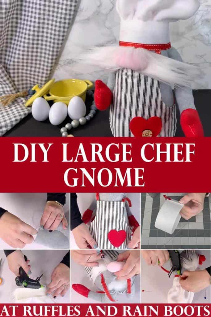 stacked vertical image of a chef gnome with striped apron chef hat and red mittens on white marble background with eggs and pot with text which reads diy large chef gnome pattern at ruffles and rani boots