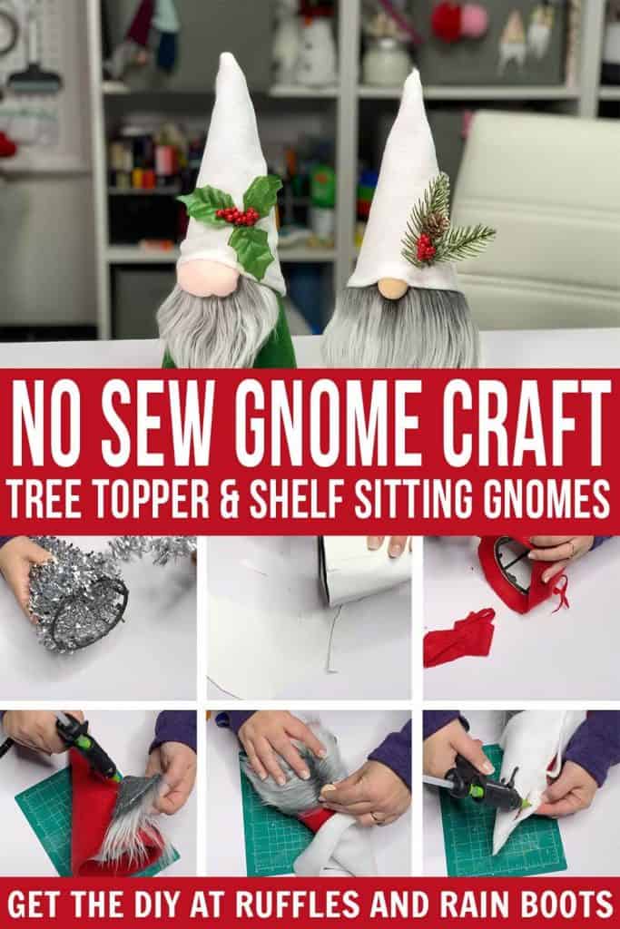 stacked vertical image of gnomes with white hats and gray gnome beards with text which reads no sew gnome craft tree topper and shelf sitting gnomes