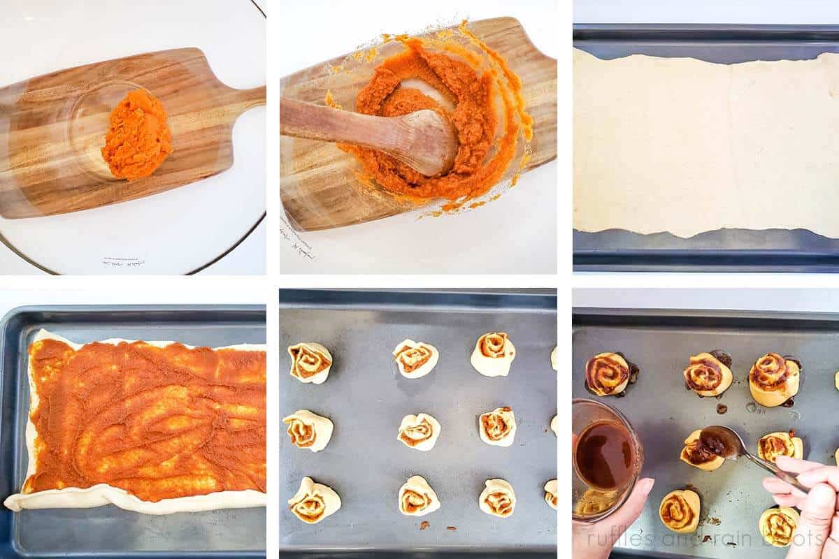 step by step process of pumpkin pie pinwheel recipe made with crescent sheet pumpkin puree cinnamon and glaze