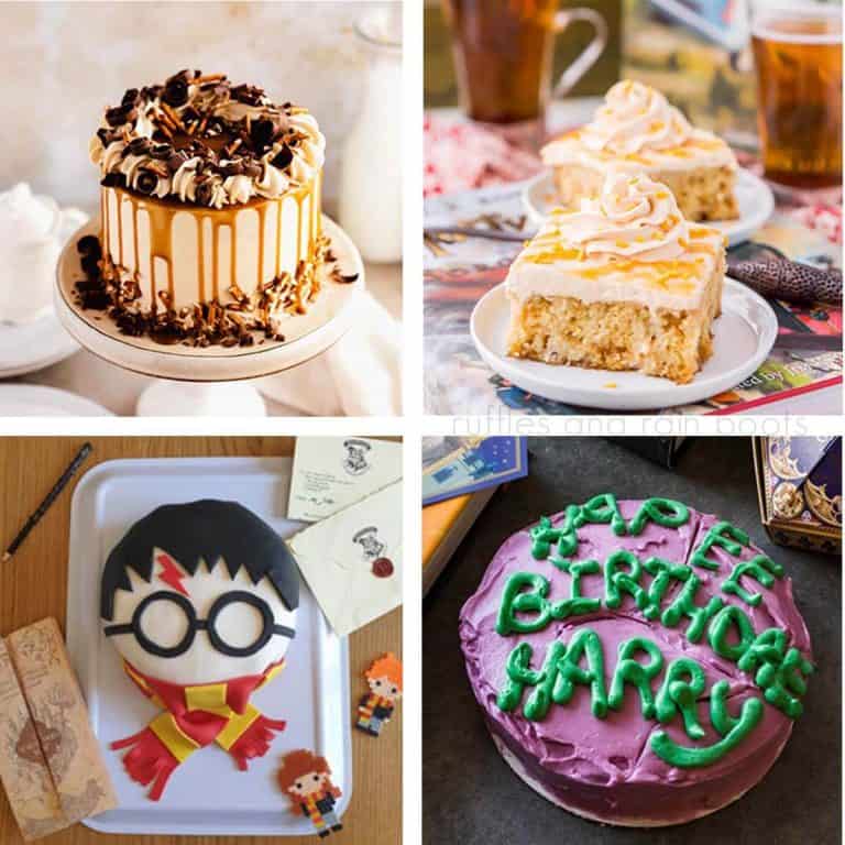 square collage of four harry potter cakes made by home bakeres