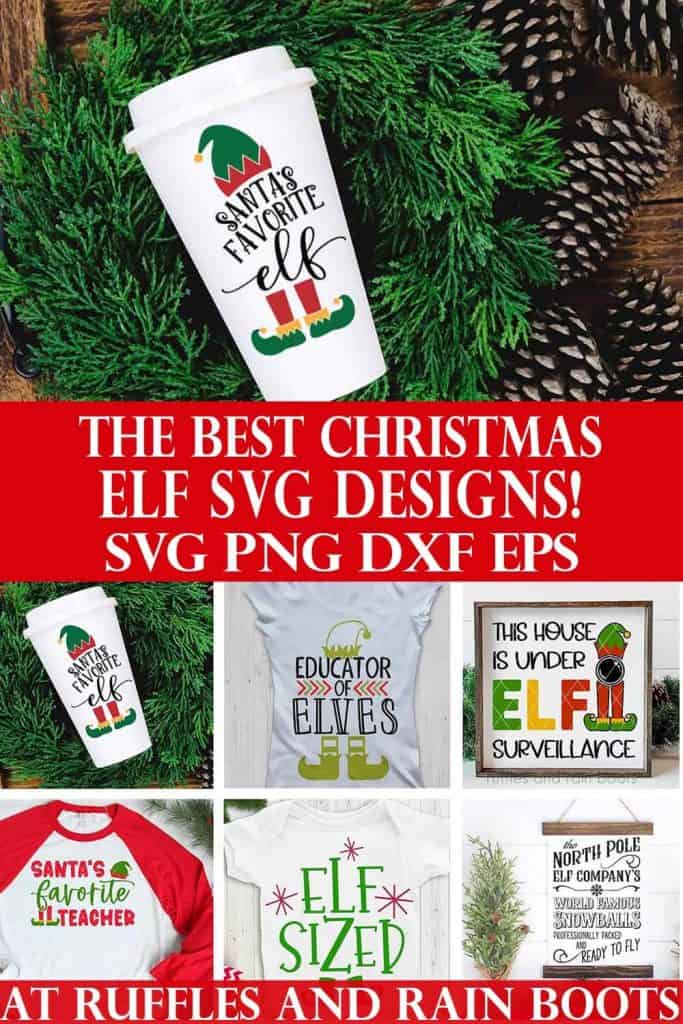 stacked image of santas favorite elf on white tumbler with collage on bottom with text which reads the best Christmas elf SVG designs