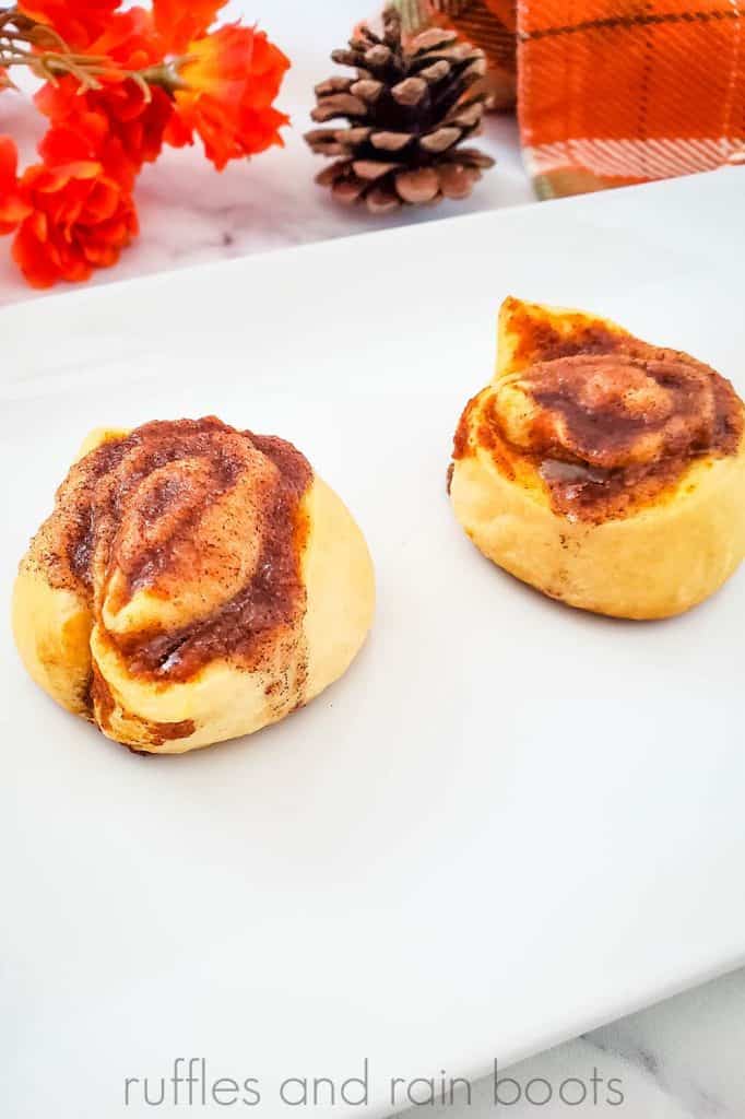 vertical image close up of pumpkin pie pinwheels on a white rectangle plate with orange dish towel fall leaves and pine cone background