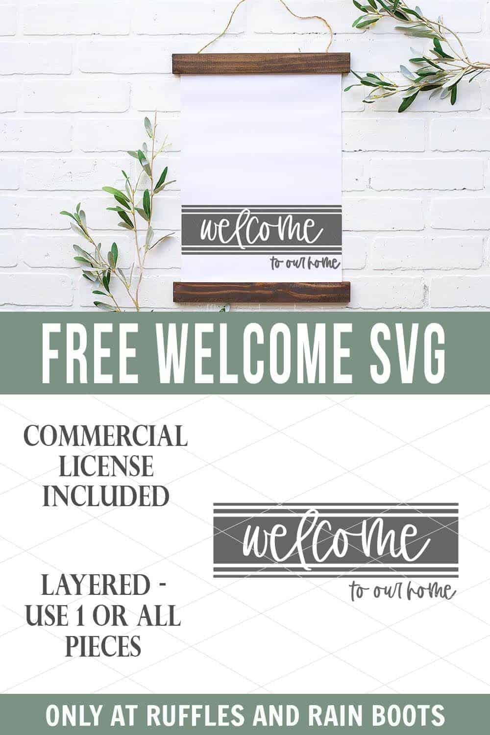 stacked vertical of a farmhouse sign make with planks and canvas with welcome svg grain sack styling on a white brick wall with greenery and text which reads free welcome svg