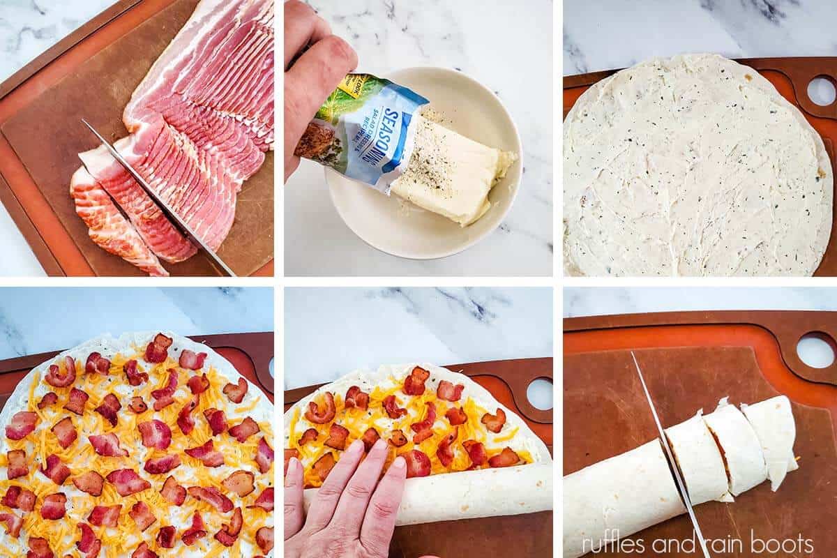 step by step visual instructions on how to make bacon ranch pinwheel recipe from ruffles and rain boots using bacon cream cheese shredded cheese ranch and tortillas