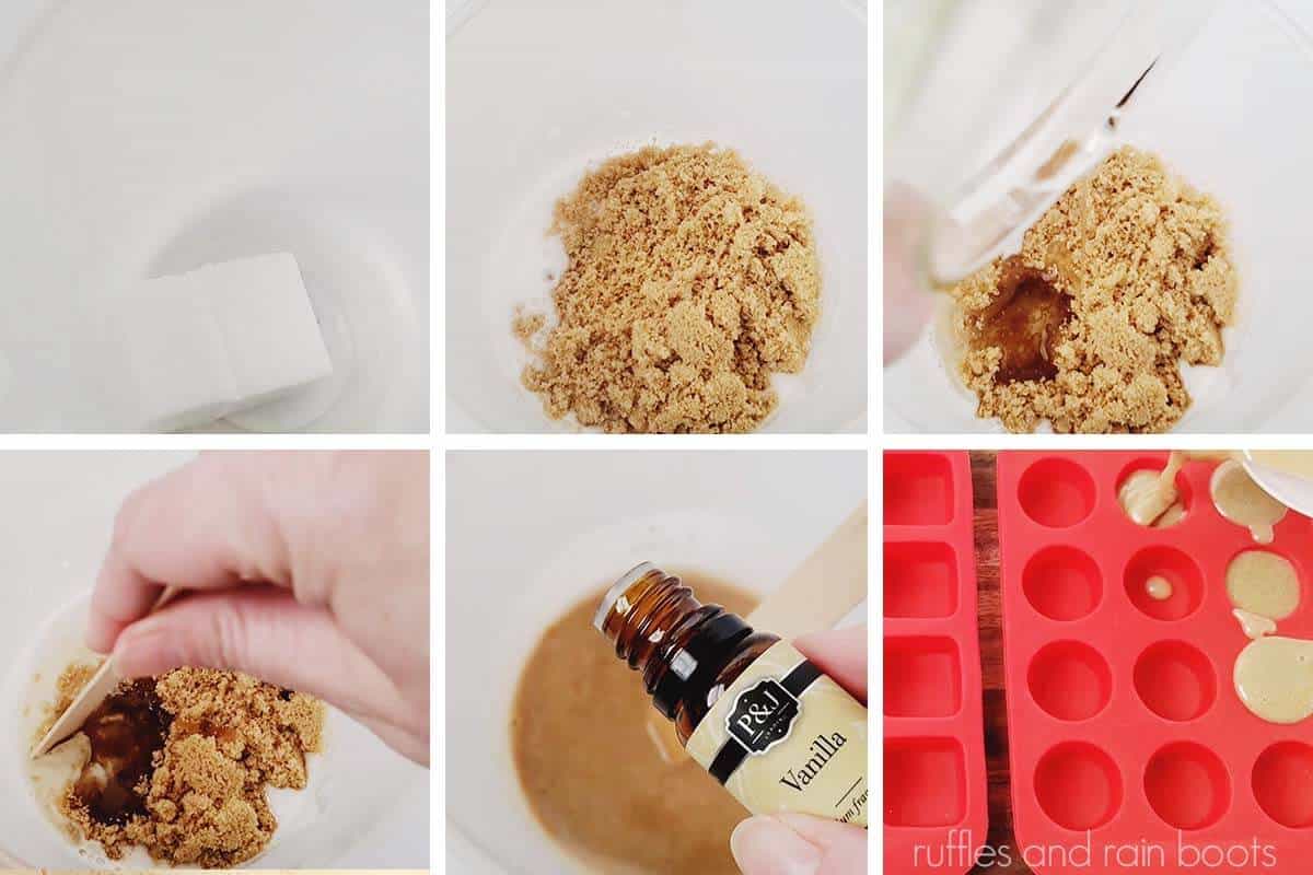 step by step images showing the six steps to making sugar cookie sugar scrub bars with brown sugar