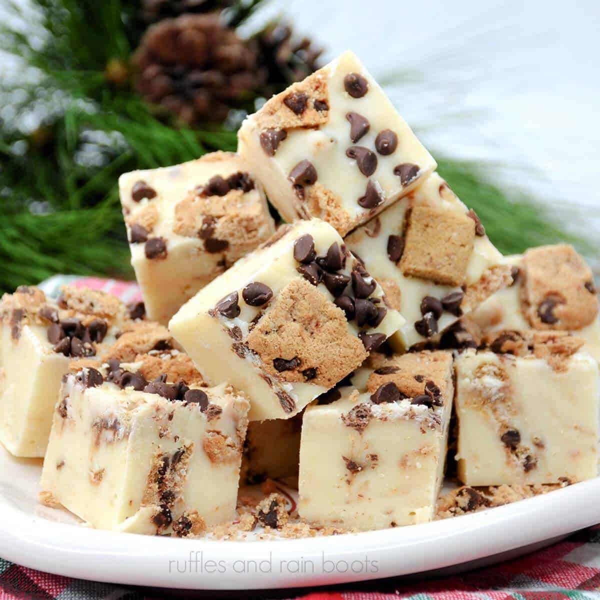 square image close up milk and cookies fudge plated in front of greenery showing chocolate chips and cookie detail