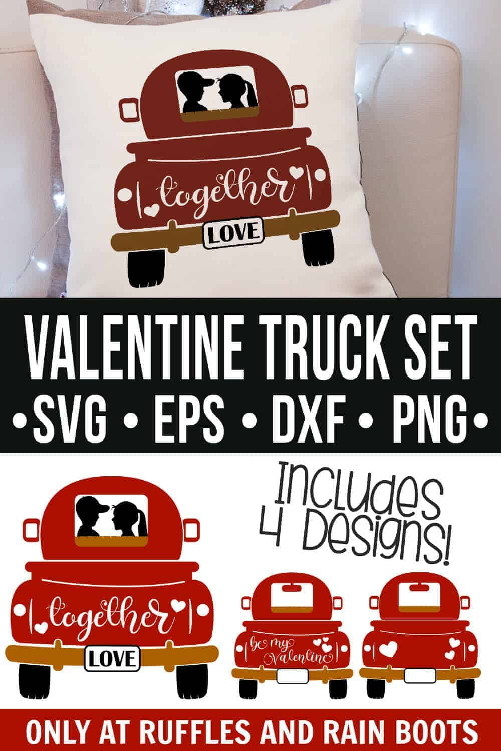 stacked vertical image of red truck on pillow and 4 designs in svg bundle with text which reads Valentine's Day red truck SVG for Cricut Silhouette
