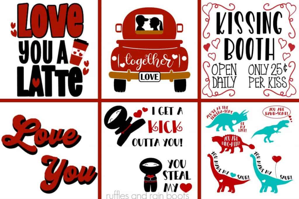 horizontal image showing six premium and free SVG for Valentine's Day crafting for silhouette and cricut cutting machines