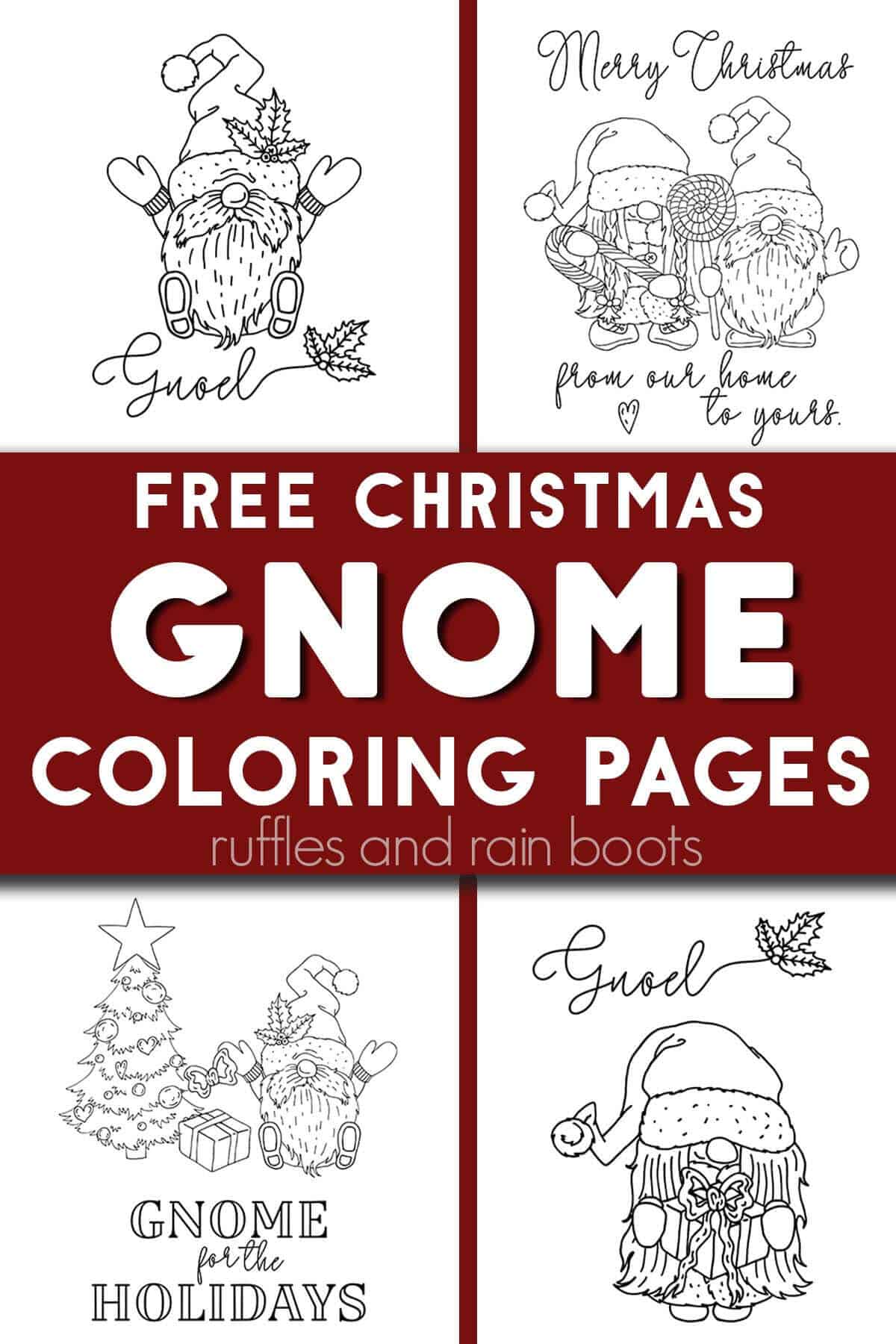 Four image collage of holiday gnome drawings with text which reads free Christmas gnome coloring pages.