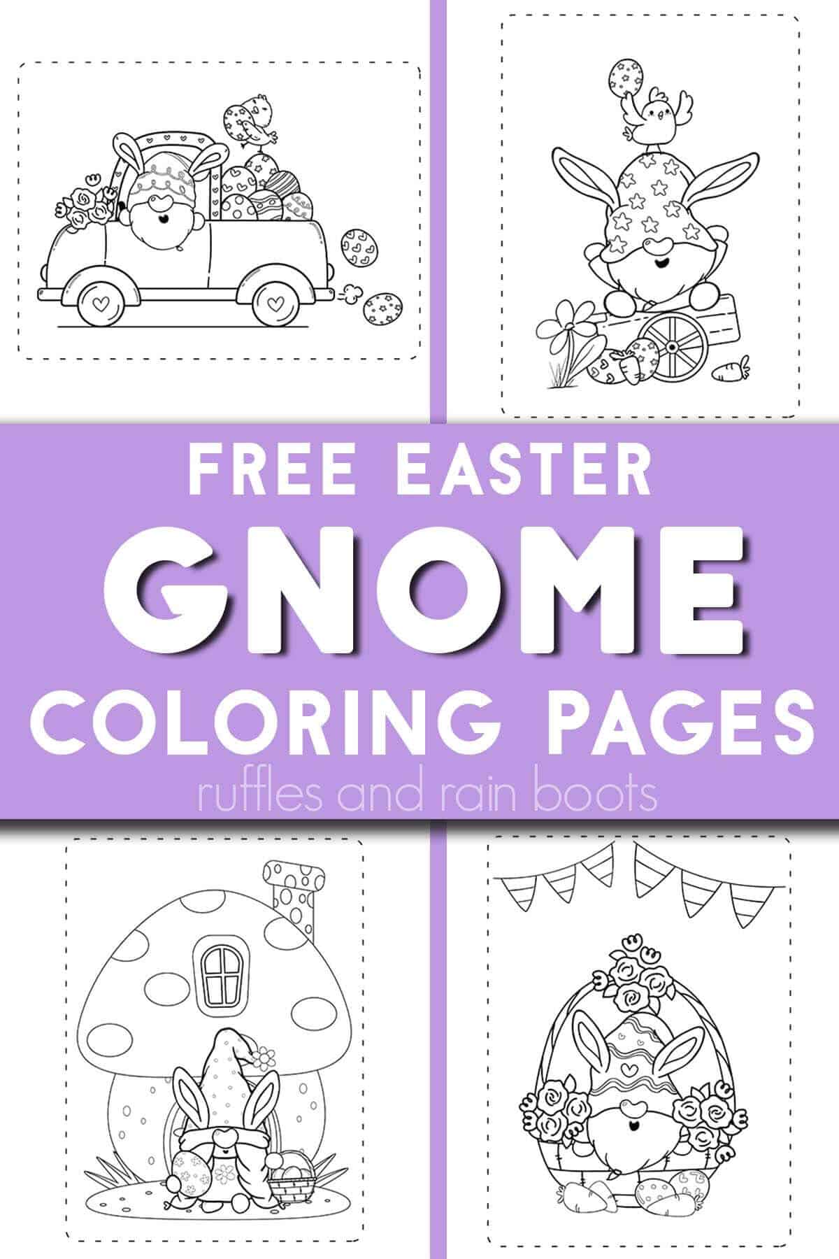 Vertical collage of four coloring sheets and purple accent bar with text which reads free easter gnome coloring pages.