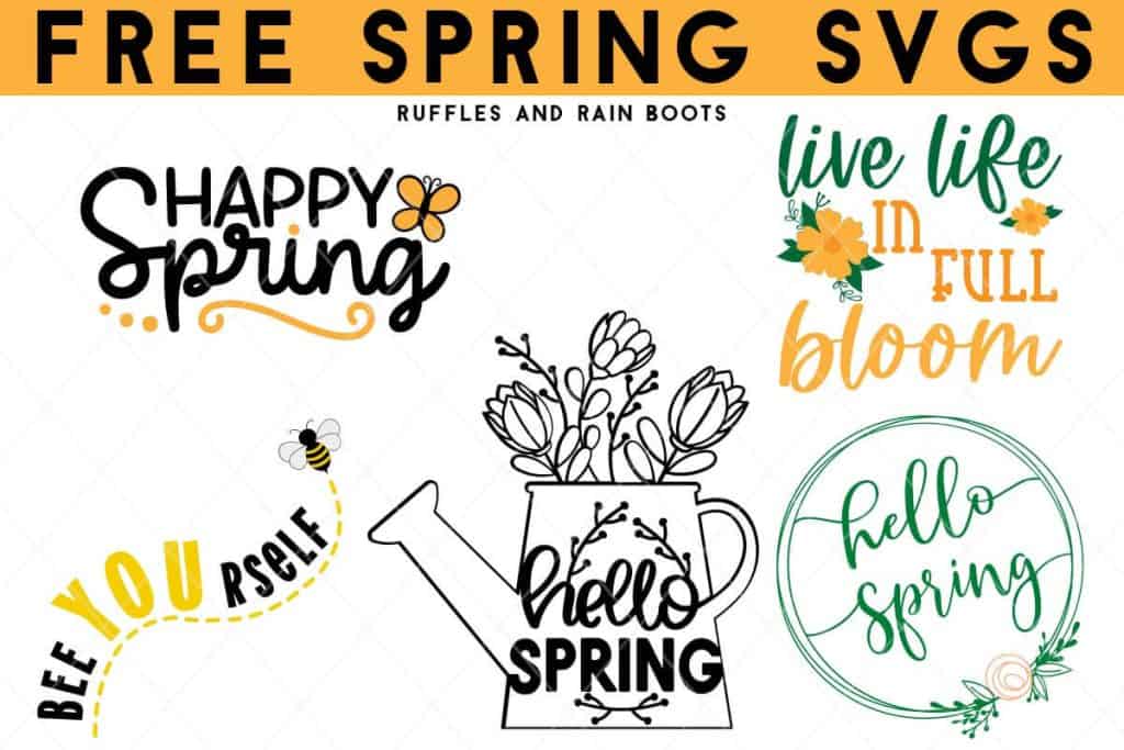 Horizontal image of fixe spring svg free files with text which reads free spring svgs ruffles and rain boots.