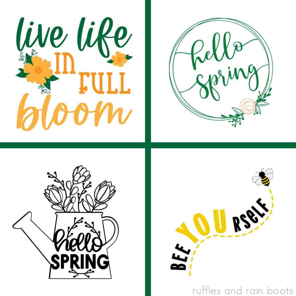 Square image with dark green crossbar showing four spring svg files with text which reads ruffles and rain boots.