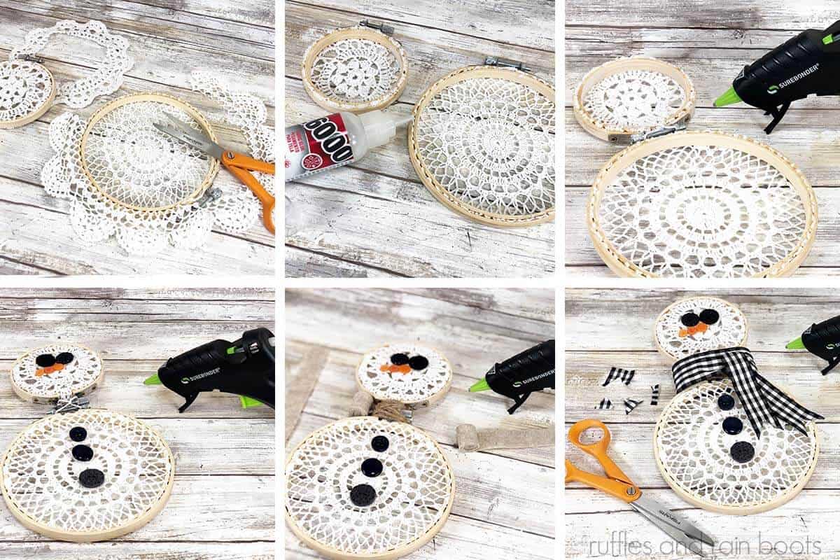 Collage of six step by step instructions to make a lace embroidery hoop snowman craft with ribbon and buttons.