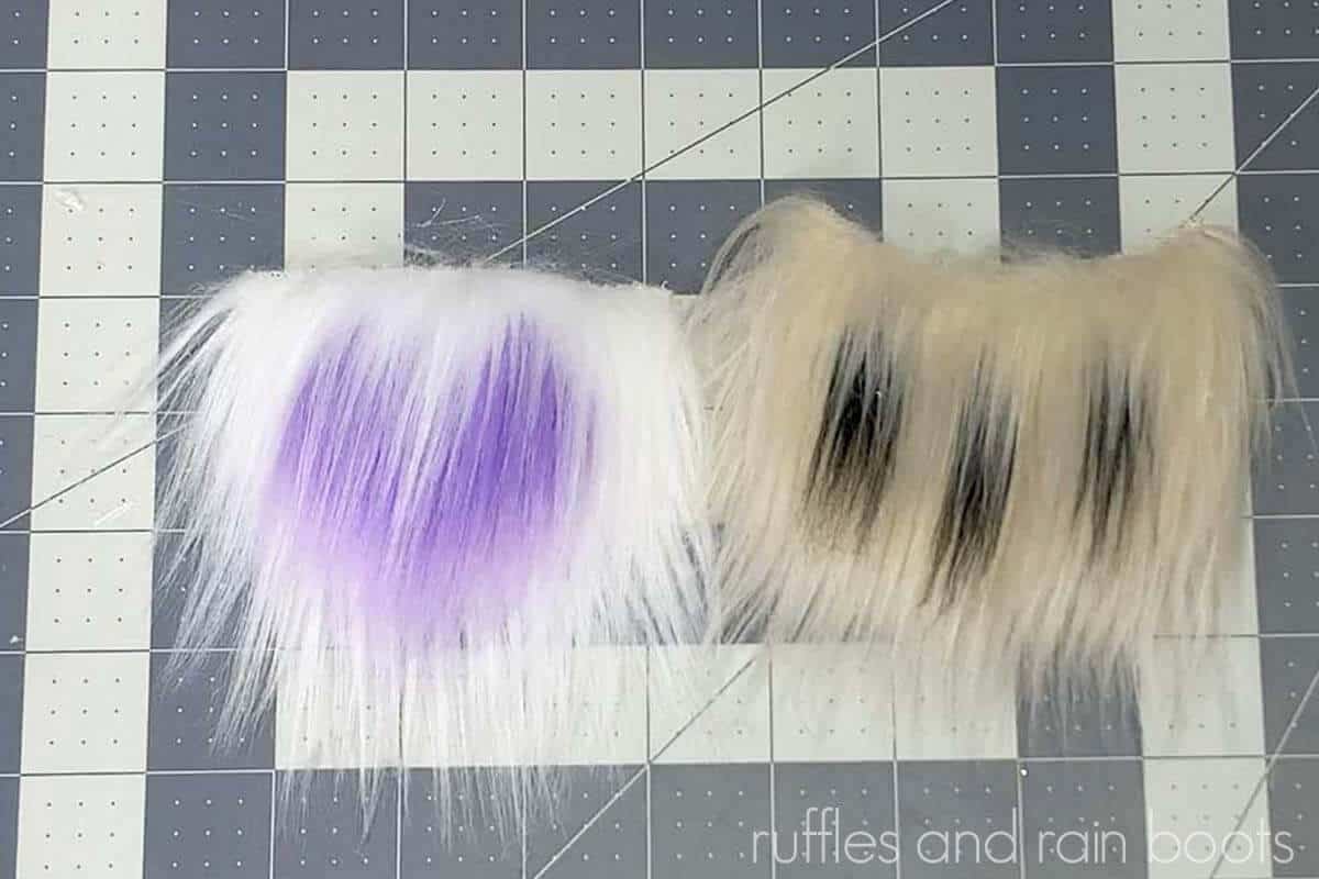 Two custom patterns in fur showing a purple heart in white fur and a black spot pattern in blonde fur on a craft table.