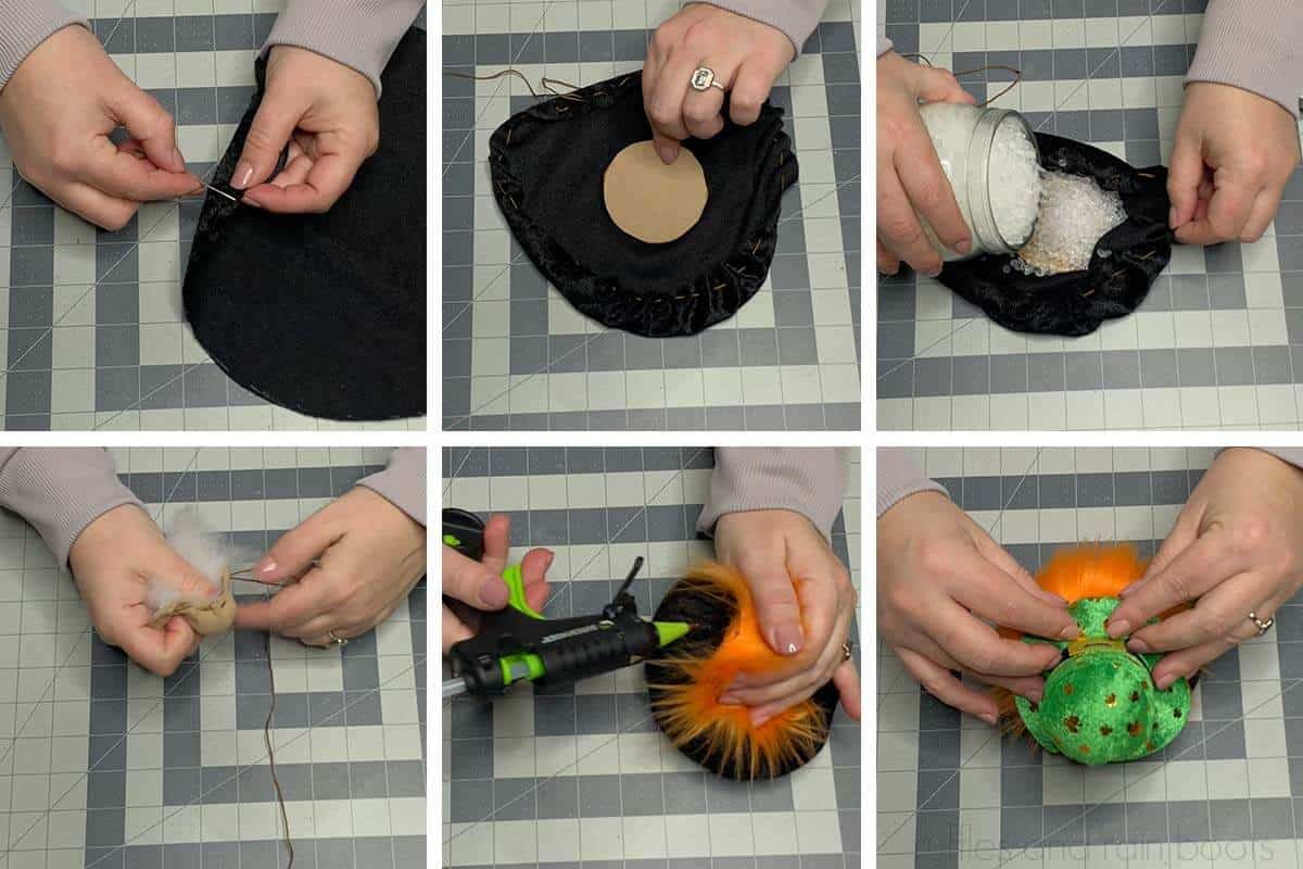 Six image horizontal collage showing the primary steps to make a St Patrick's Day gnome using a Dollar Tree headband.