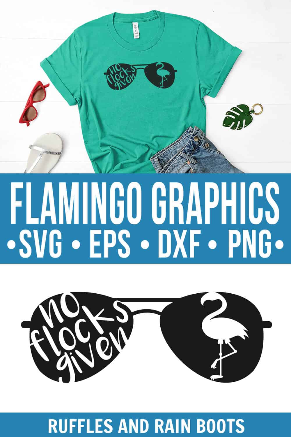 Vertical stacked image showing sunglasses with no flocks given and flamingo svg free with text which reads flamingo cut files graphics and clipart 