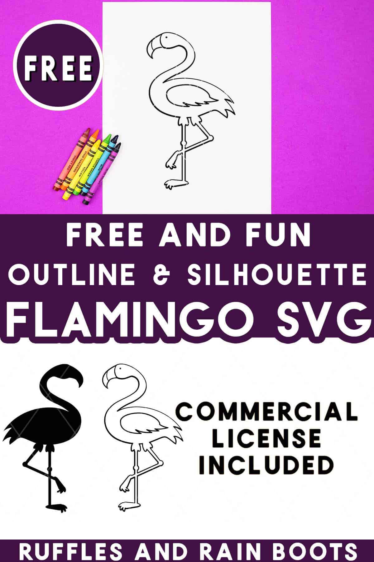 Stacked vertical image of a flamingo coloring page made with the free flamingo outline included in the free flamingo silhouette and outline set.