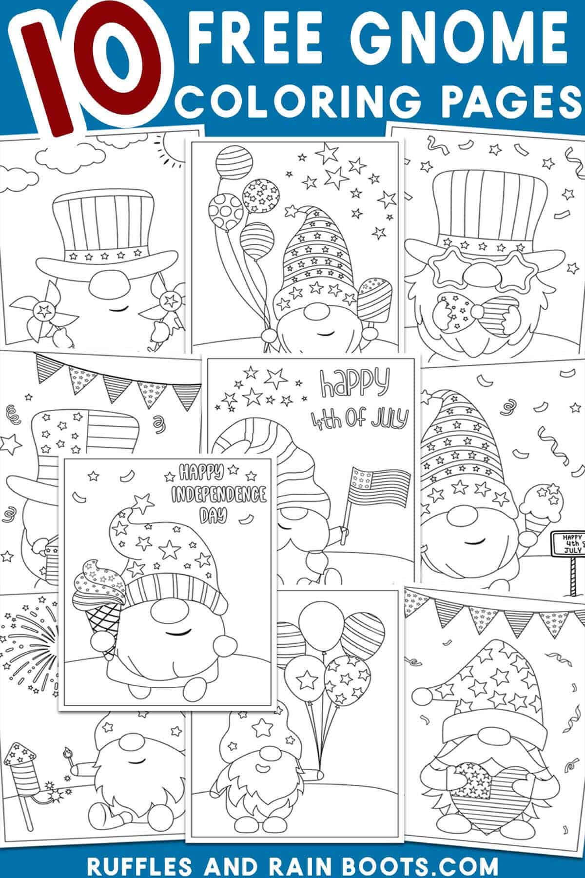 Vertical image of 10 pages of free gnome coloring sheets with text which reads 10 Free Gnome Coloring Pages.