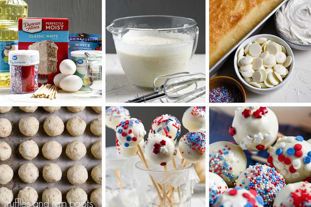Horizontal six image collage showing the easy steps to making cake pops for Independence Day or any occasion.