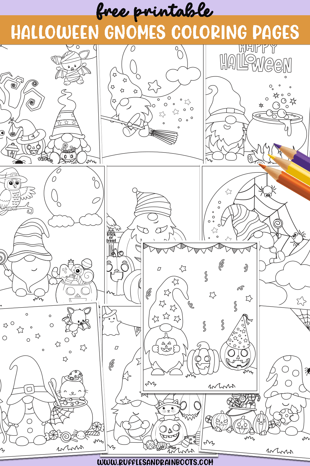 Vertical image showing 10 free Halloween gnome coloring pages from Ruffles and Rain Boots.