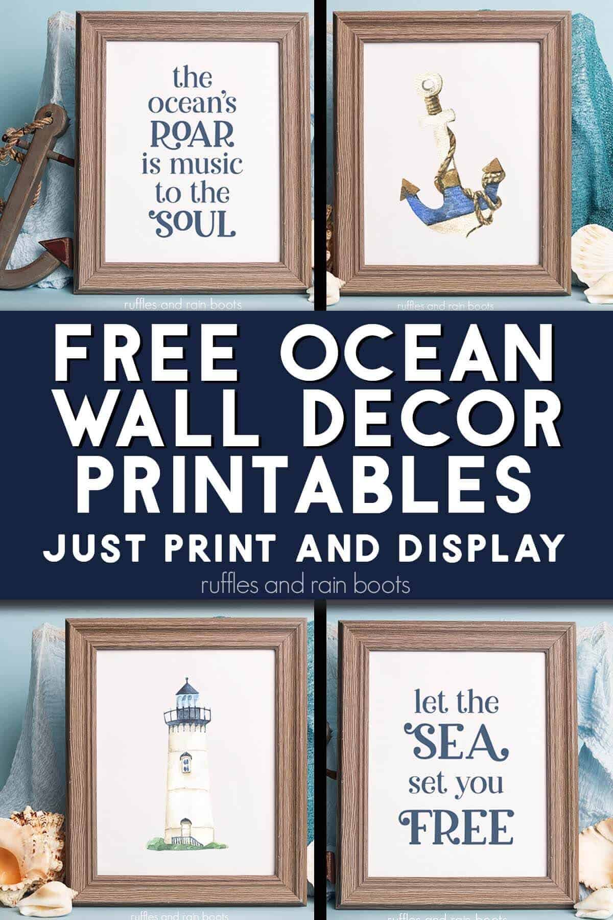 Stacked collage showing four free nautical printables with text which reads free ocean wall decor printables.