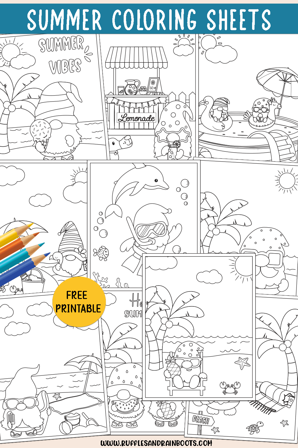 Vertical image of collage of 10 gnome coloring pages for kids summer edition.