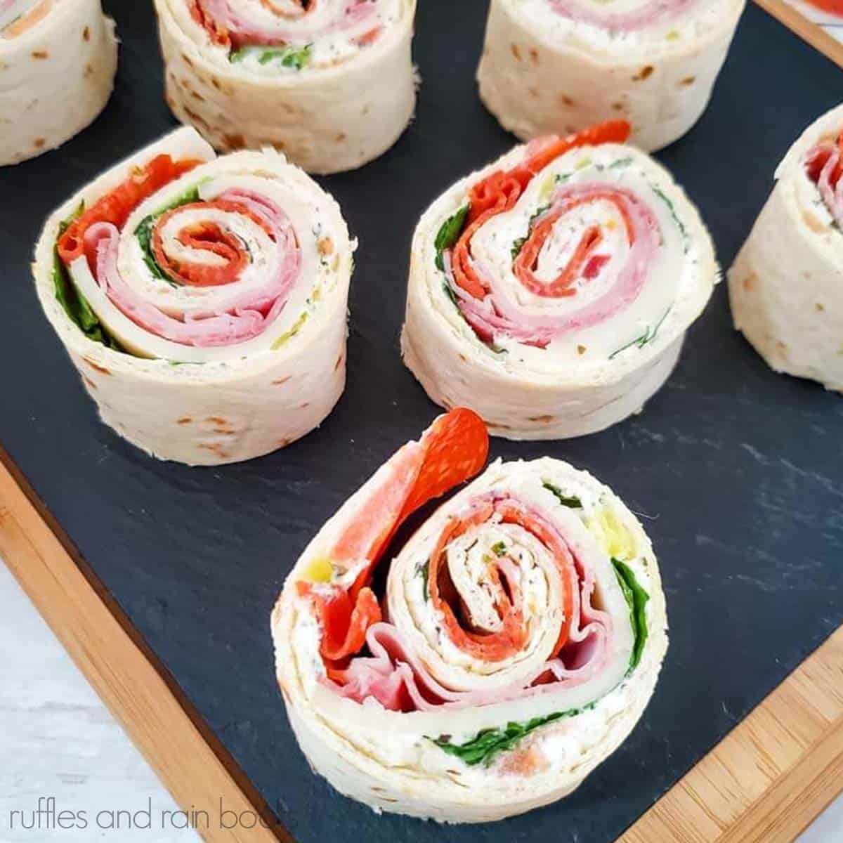 Square close up images of Italian pinwheel sandwiches recipe for lunch or dinner.
