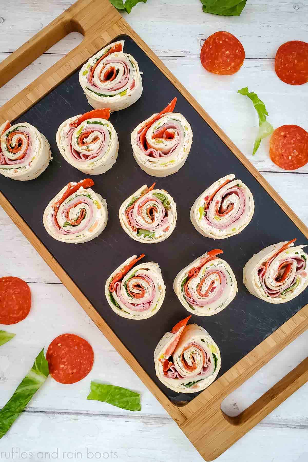 Italian Meat Pinwheel Sandwiches - Ruffles and Rain Boots