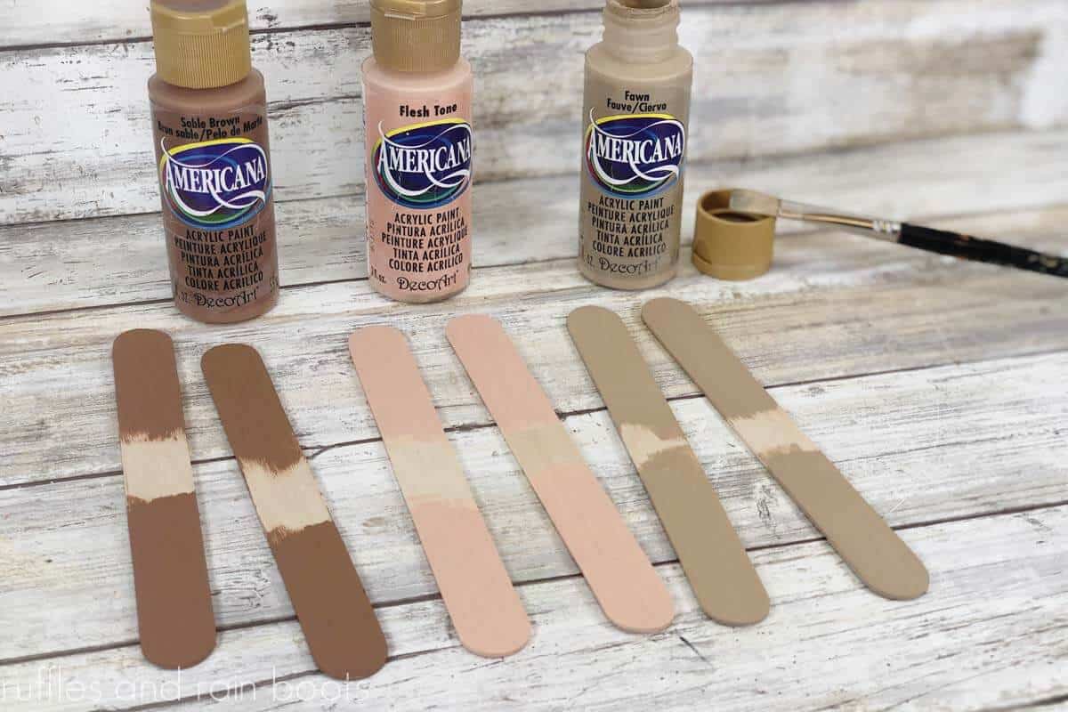 Popsicle sticks painted in skin tones on a white wood background with the names of Americana acrylic paint.
