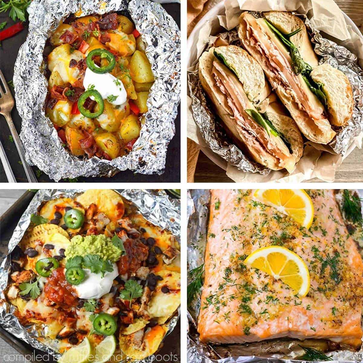 Square four image collage of baked potatoes, nachos, salmon, bagels, and other campfire foil pack meal ideas.