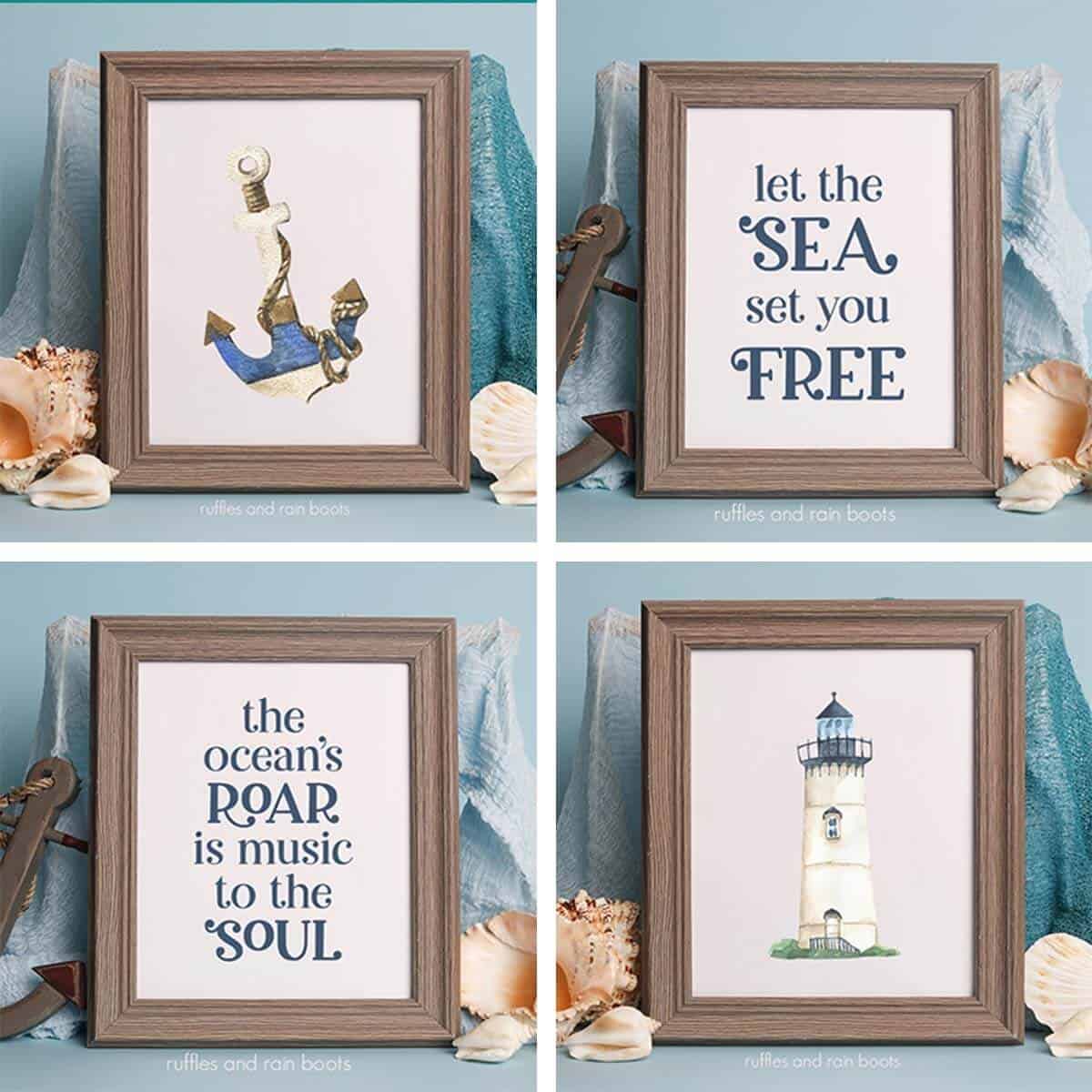 Four collage image square of anchor, lighthouse, and two ocean sayings for decor.