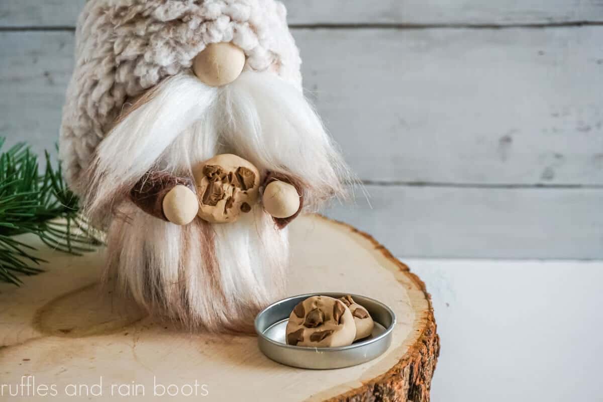 Horizontal image of a gnome with a cookie standing on a wood log round in front of a white wood background.