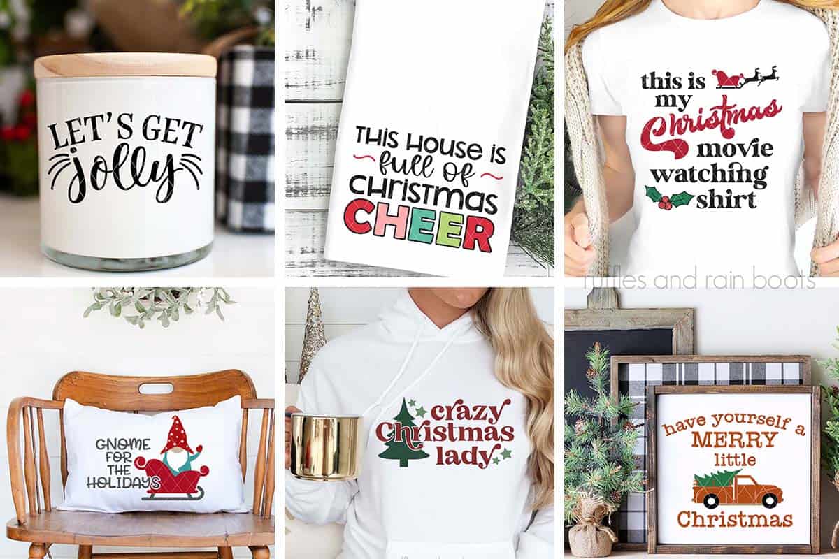 Eight image free Christmas SVG collage showing handmade candles, towels, t-shirts, pillows, and Christmas signs from Ruffles and Rain Boots.