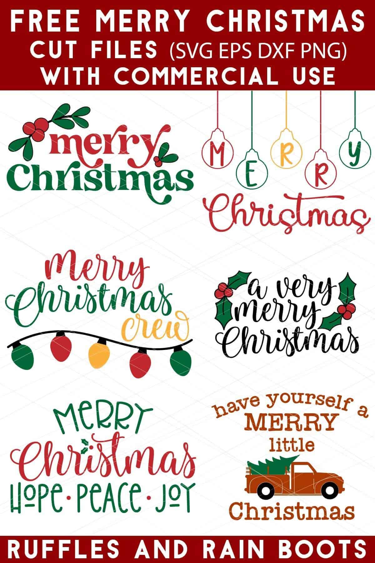 Vertical collage image of six free holiday cut files with text which reads Free Merry Christmas SVG with Commercial Use.