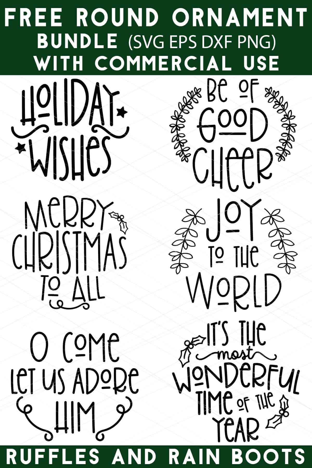 Vertical image of six ornament SVG free designs with text which reads free round ornament SVG bundle.