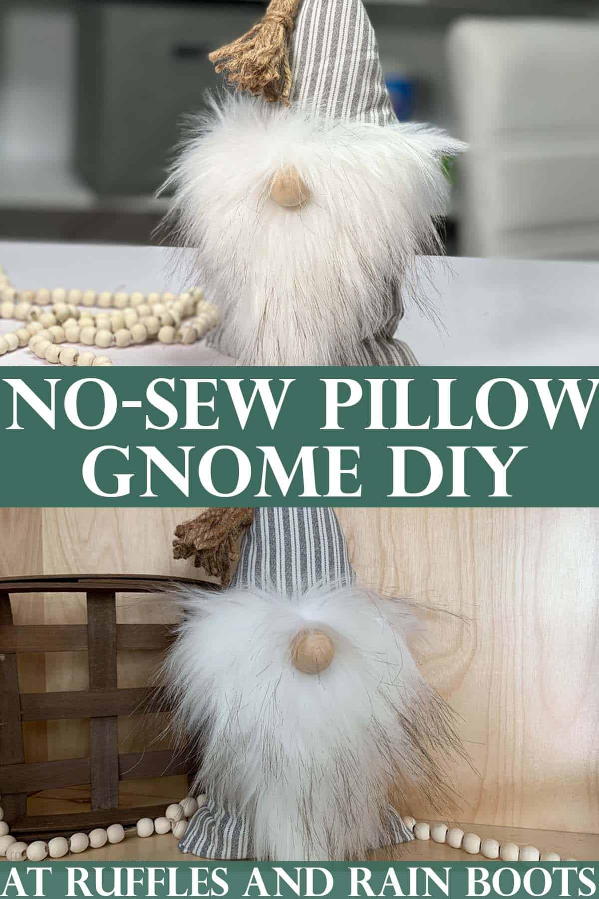 Stacked vertical image collage of a farmhouse style gnome with text which reads no sew pillow gnome.