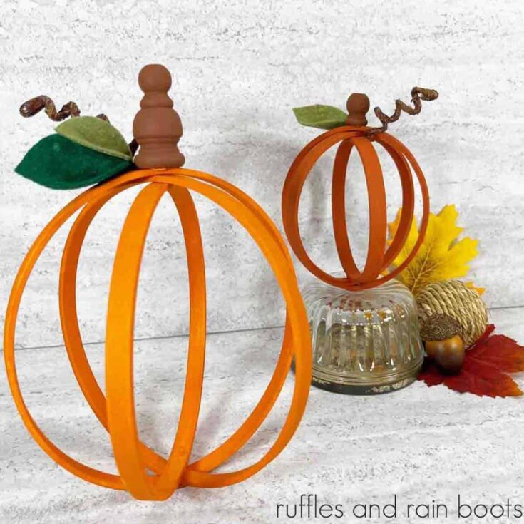 Square image close up of two differently sized fall pumpkins made for a modern farmhouse decor.