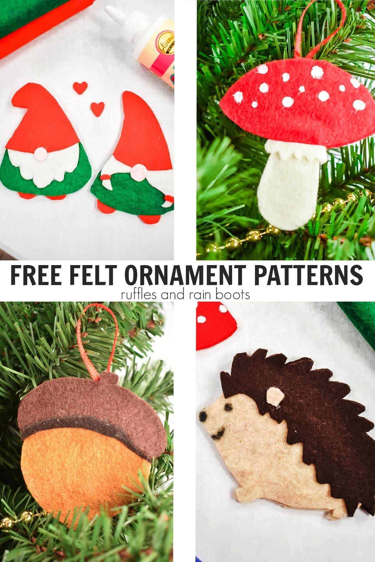 Vertical image collage showing felt ornament patterns for gnomes, mushrooms, acorns, and hedgehogs for fall crafts.