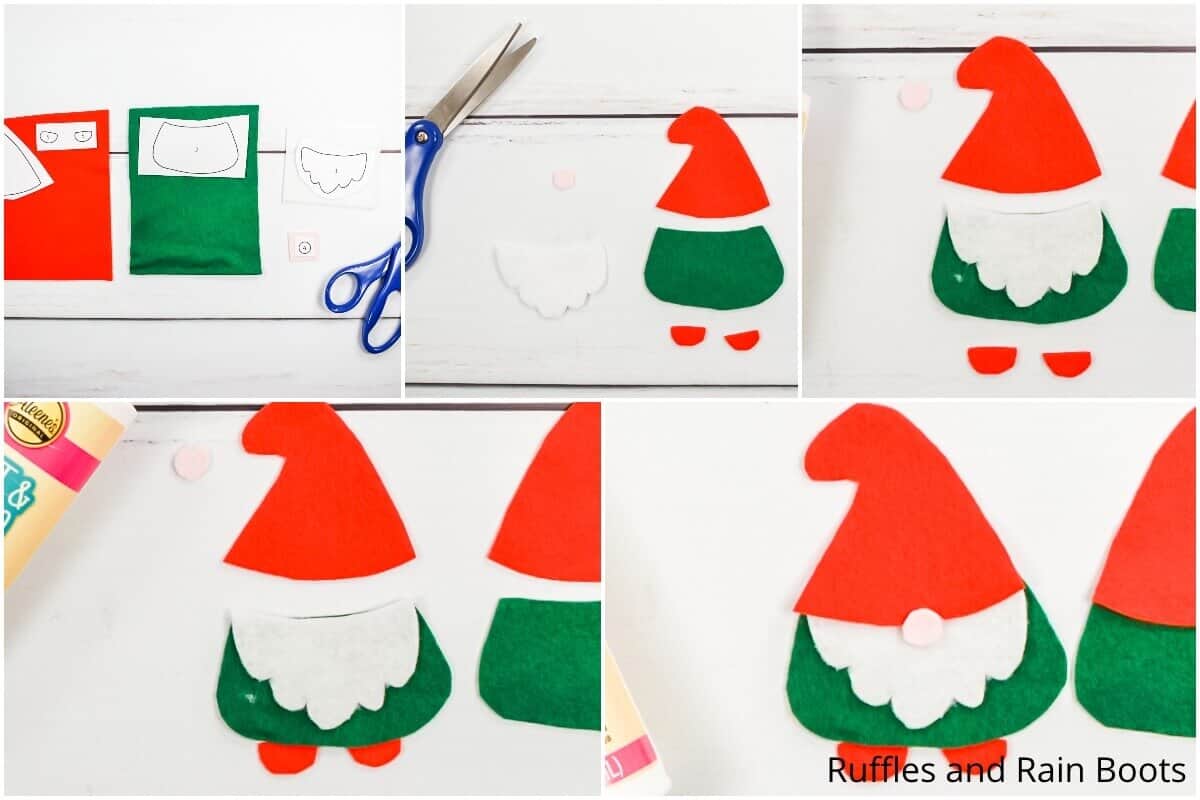 Step by step horizontal six image collage showing how to make a felt gnome ornament.