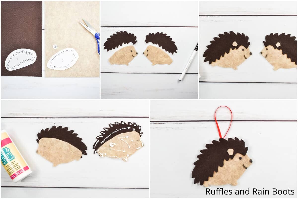 Step by step horizontal six image collage showing how to make a felt hedgehog ornament.
