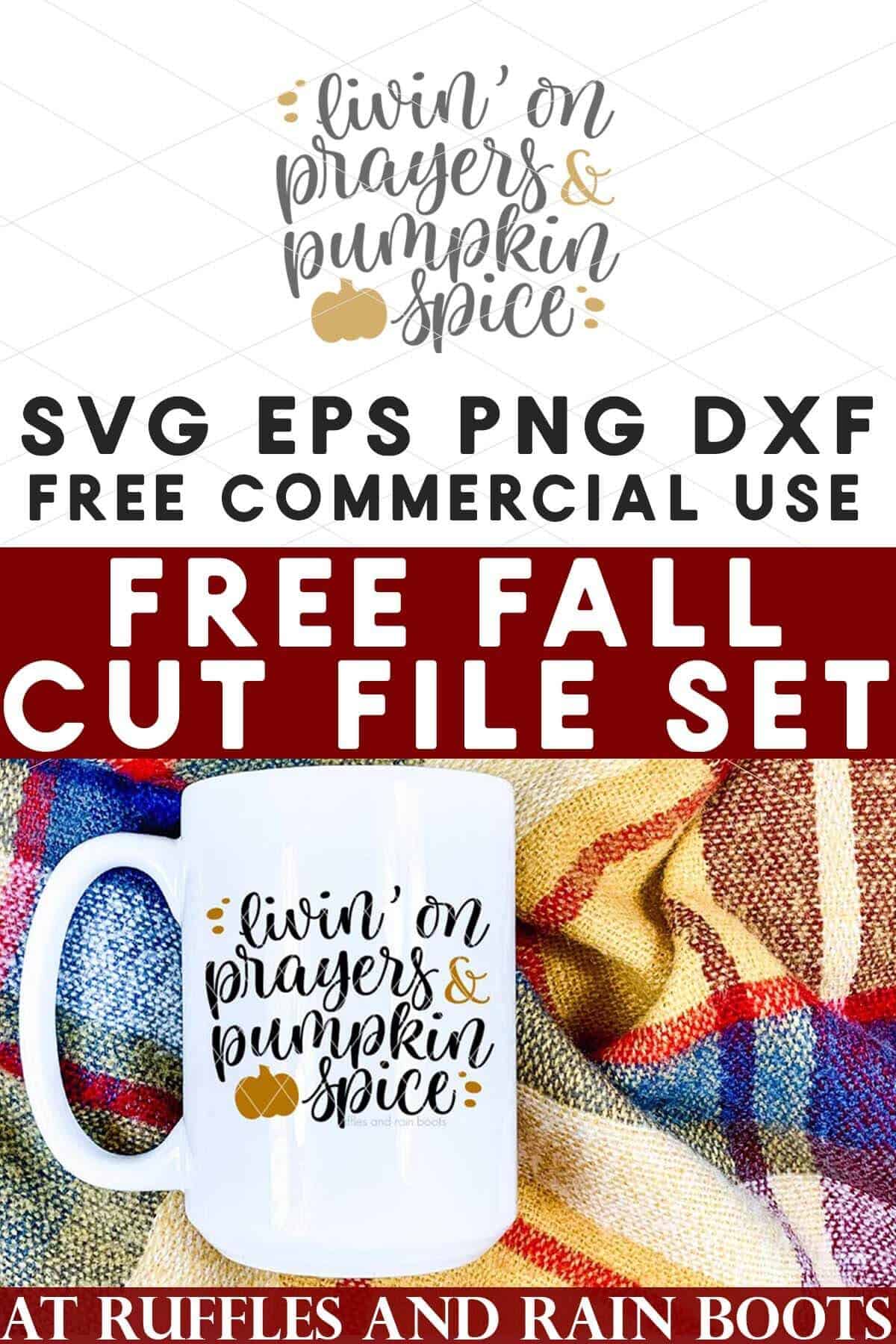 Pumpkin spice SVG free on coffee mug with plaid blanket with text which reads free fall cut file set.