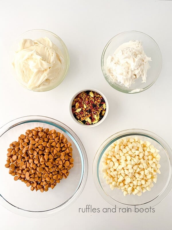 Butterbeer fudge ingredients gathered on a white weathered wood background
