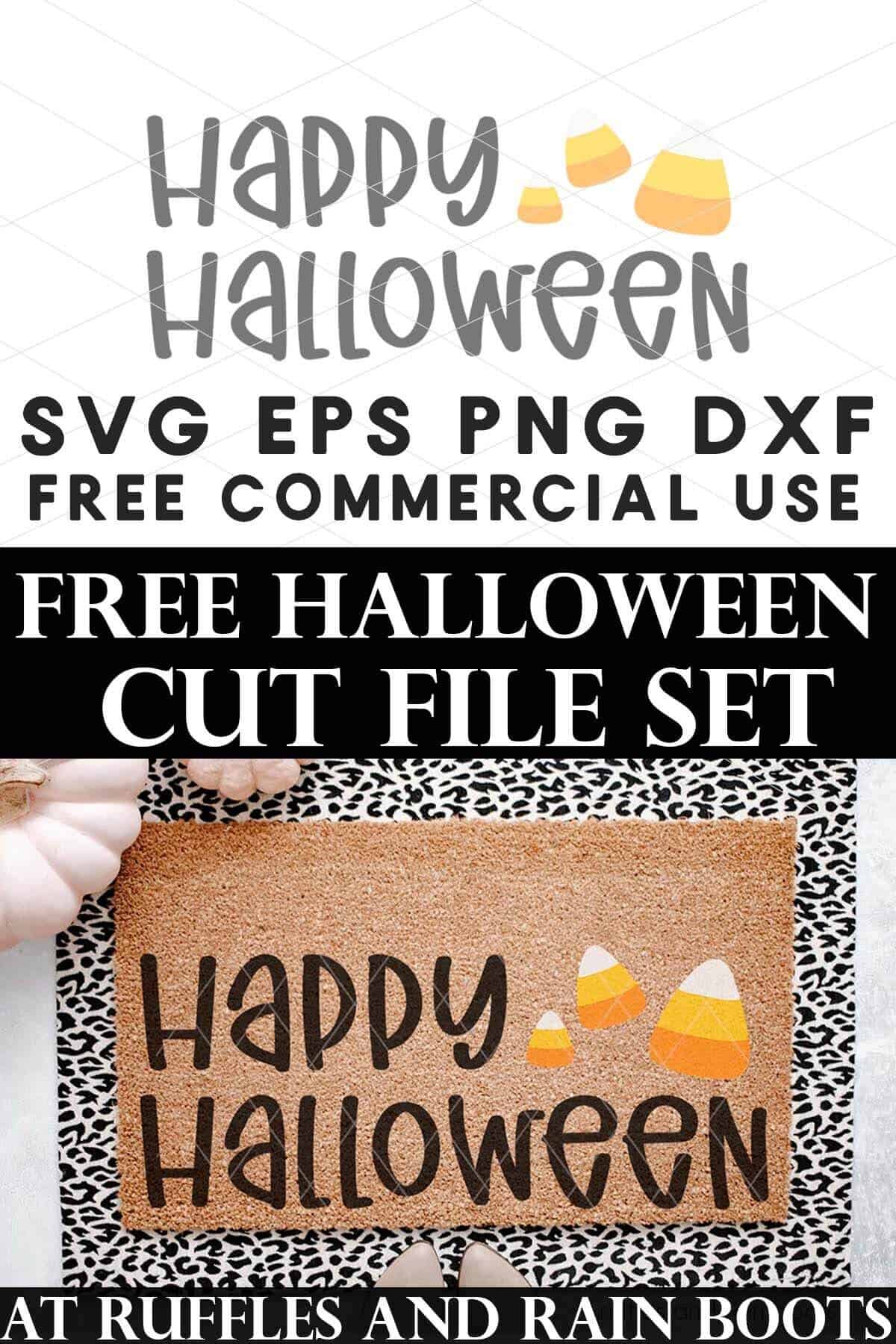 Happy Halloween doormat on a leopard mat with text which reads free Halloween cut file set.