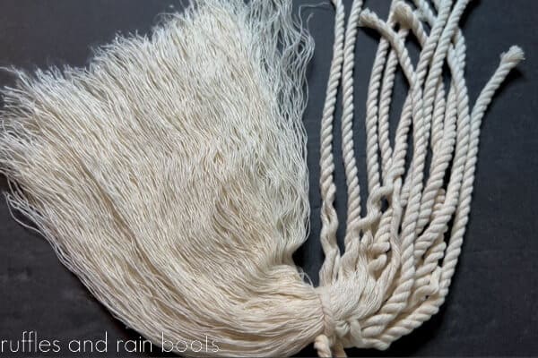 Horizontal image showing the difference between brushed out macrame cord versus unraveled.