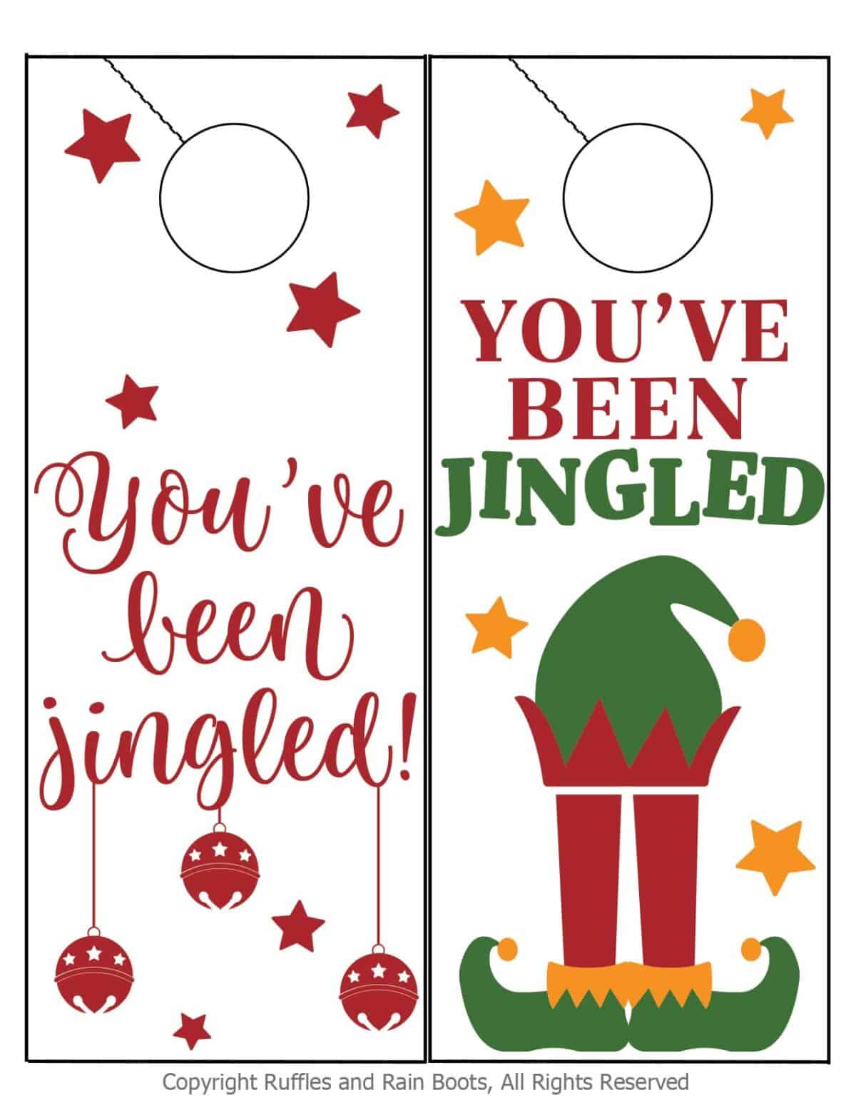 You've been jingled Christmas printable door tag for easy holiday gifts in two styles.