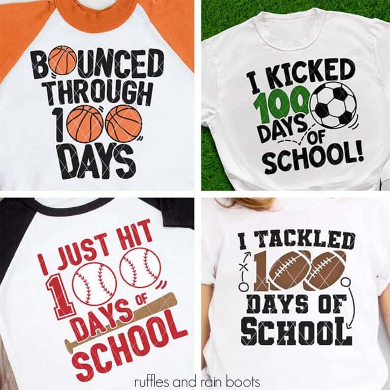Square four image collage showing basketball, baseball, soccer, and football SVG for 100 days of school.