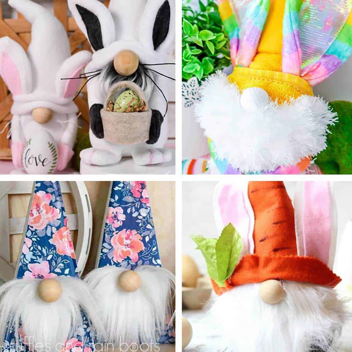 Four image collage of Easter gnomes created with free tutorials and basic craft supplies.