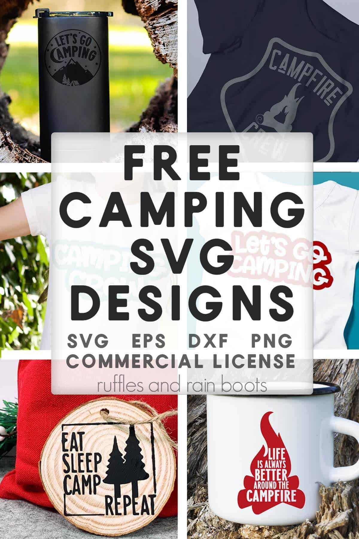 Image collage of 6 items created with a camping theme with text which reads camping svg free.