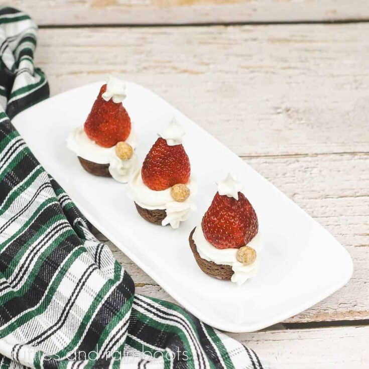 H 3 brownie gnome bites on a white rectangle plate with a green, blue and white plaid towel on a white wood surface.